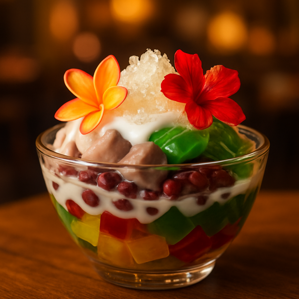 A bowl of Vietnamese chè dessert with colourful layers of jelly, beans, and coconut cream