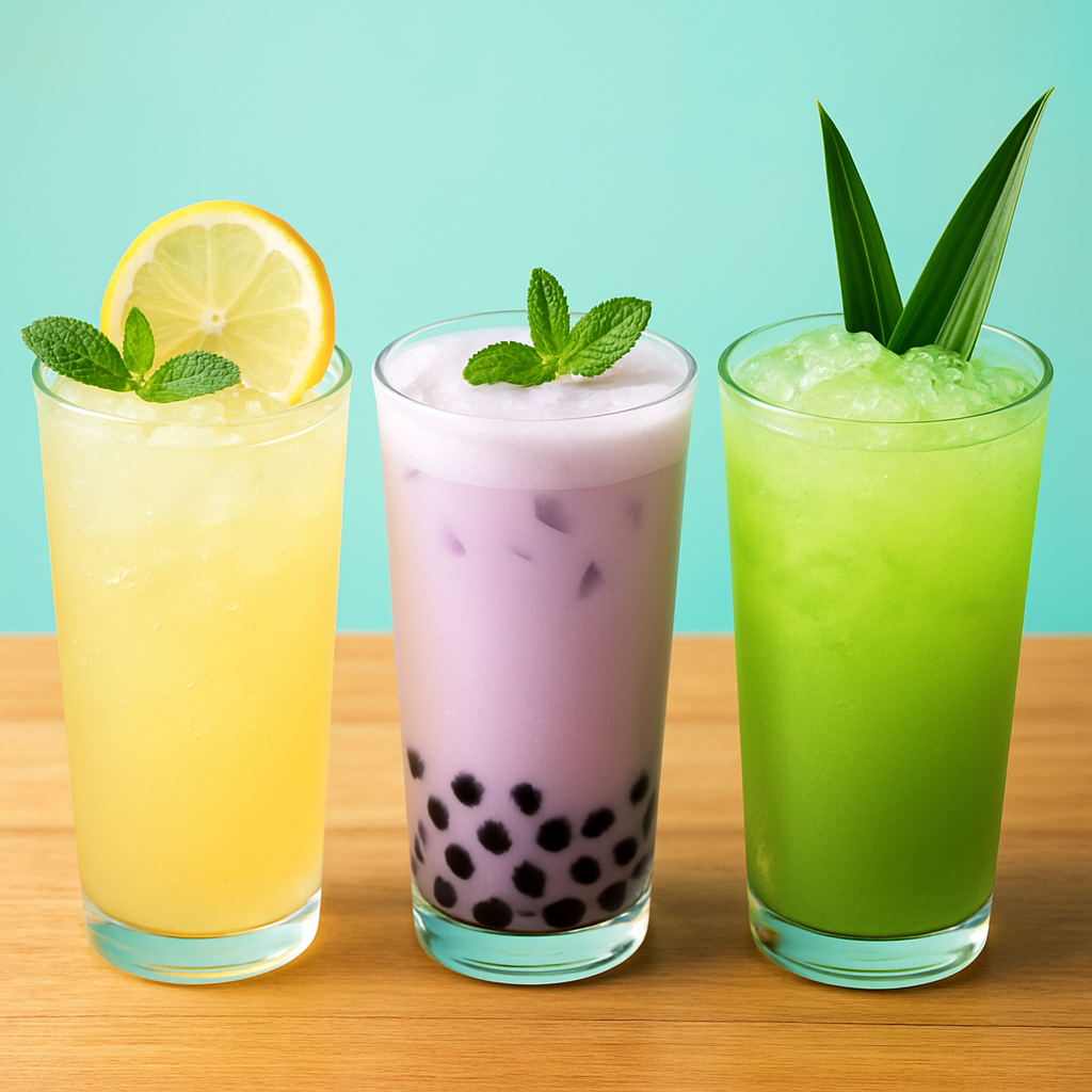 Three tall glasses of Vietnamese iced drinks including salty lemon soda, taro bubble tea, and pandan coconut cooler