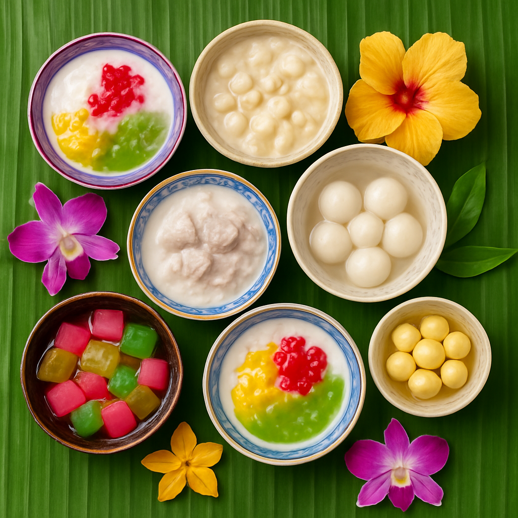 A flat lay of assorted Vietnamese chè desserts including three colour dessert, taro, jelly, and lotus seeds